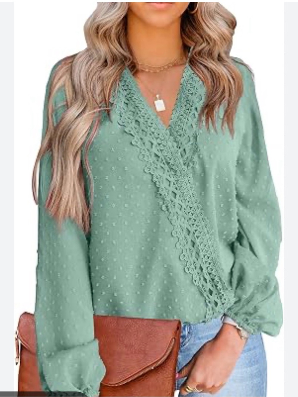 Light Sage Lace-Trim Swiss Dot V-Neck Women's Top XL EUC